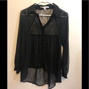 Black sheer button down collar lace blouse XS